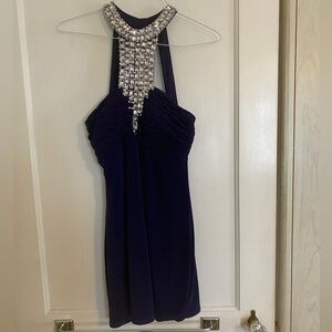 Embellished Halter Mini Dress in Deep Navy